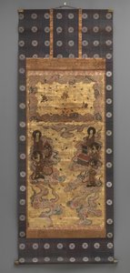 Duvar resmi: Yirmi beş iniş bodhisattvalar (Amitabha üçlüsünün görevlileri), 18. yüzyıl (Üç Parçalı asılı parşömenler: mürekkep, renk ve altın kağıt üzerinde yaprak, pirinç) by Japanese School