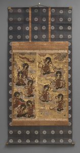 Duvar resmi: Yirmi beş iniş bodhisattvalar (Amitabha üçlüsünün görevlileri), 18. yüzyıl (Üç Parçalı asılı parşömenler: mürekkep, renk ve altın kağıt üzerinde yaprak, pirinç) by Japanese School