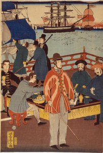 Avrupalı tüccarları Japonlarla serinletirken gösteren bir triptik baskı. Arka planda Japonya'nın Yokohama limanındaki gemiler var. by Japanese School