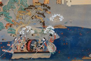 Kürekli tekne, Eiga Monogatari (İhtişamın Öyküsü) için çizim, Akazome Emon (yaklaşık 956-1041). Japonya by Japanese School