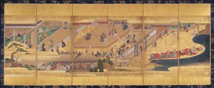 Noh Play Funa-Benkei ile altı katlı ekran, yaklaşık 1660 (renkli, eğlenceli, mürekkep ve kağıt üzerinde altın) by Japanese School