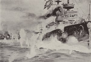 Mikasa, 10 Ağustos'ta Port Arthur açıklarında Rus Filosuna karşı cesurca savaşıyor (taş) by Japanese School