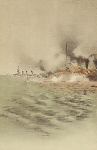 Varyag, Chemulpo'da (chromolitho) yakalanmasını önlemek için kendi ekibi tarafından ateşe verildi. by Japanese School