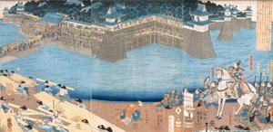 Kunigos Nehri tarafından inşa edilen bir kaleyi gösteren Üç Parçalı, Edo dönemi 1603-1868. by Japanese School