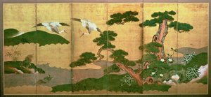 Çam ve kaya ağacının arkasına dalan iki turna, Edo Dönemi by Japanese School