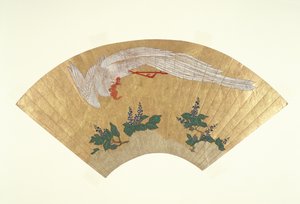 Monte edilmemiş fan: Karla kaplı bambu üzerine kuş dalışı, c.1700-60 (kağıt üzerinde altın ve wc)