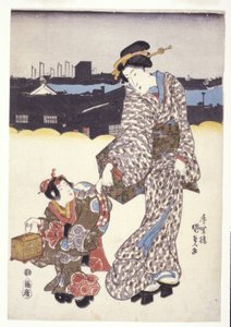 İsimsiz (A Woman And Child) (renkli gravürler) by Japanese School