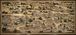 Kyoto ve Çevresinden Görünümler (Rakuchu rakugai zu), yaklaşık 1616-24 (kağıt üzerine mürekkep, renk ve altın varak) by Japanese School