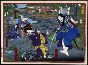 Kimono ve samuraylı kadın - “” 47 Roninin İntikamı”nda” 19. yüzyıl: Kabuki Serisi by Japanese School