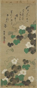Yugao sarmaşıkları ve bir şiir, Asılı parşömen (panel üzerine monte edilmiş), 18.-19. yüzyıl (kağıt üzerine renkli) by Japanese School