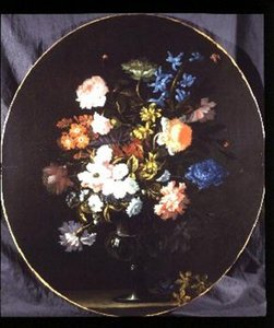 Cam Vazoda Gül, Karanfil ve Sümbülden Oluşan Çiçeklerden Natürmort (oval) by Jean Baptiste Monnoyer