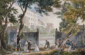 Jean-Baptiste Thomas'ın (1791.1833) gravürü, Roma'daki villanın girişindeki cesur sahne, yaklaşık 1820 by Jean Baptiste Thomas