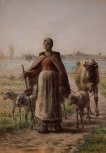 İneklerini ve koyunlarını tarlalara götüren köylü by Jean Francois Millet