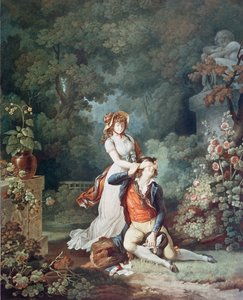 The Lover Surprised, Charles Melchior Descourtis (1753-1820) tarafından oyulmuş (renkli gravür) by Jean Frederic (after) Schall