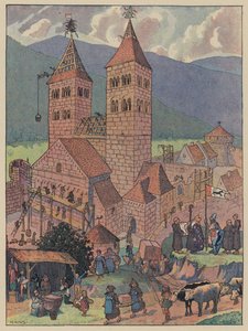 Guebwiller, Alsace yakınlarındaki Murbach Manastırı inşaatı (renkli taş)