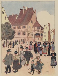 Alsace köyündeki Alman turistler (renkli taş)