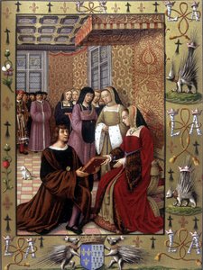 Jean Marot, Le Voyage de Genes adlı kitabını Brittany Kraliçesi Anne'ye sunarken Jean Bourdichon tarafından yapılan bir aydınlatmadan sonra, yaklaşık 1508