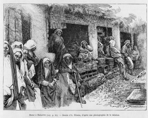 Bazaar a Bahreyn, Çad. A Suse hikayesini göstermek için A.Rixens tarafından yapılan gravür, dergi des excavilles