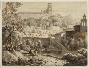 Bir İtalyan kasabasının altında, Nehir Kıyısı Boyunca Çizim Yapan Bir Sanatçı, 1780 dolayları (kağıt üzerine mürekkep ve yıkama, siyah tebeşir izleri) by Jean Antoine Constantin