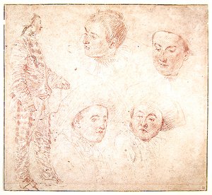 Bir Karakter ve Dört Kafa (kağıt üzerinde kırmızı tebeşir) by Jean Antoine Watteau