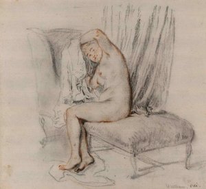 Çıplak kadın iç çamaşırını çıkarıyor, ca 1717. by Jean Antoine Watteau