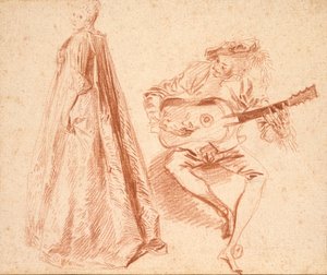 Profilde solda duran kız, bir adamla, q Gitar çalıyor, 18. yüzyılın başlarında by Jean Antoine Watteau