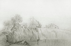 Sarp Uçurumun Kenarındaki Ev (kağıt üzerinde kırmızı tebeşir) by Jean Antoine Watteau