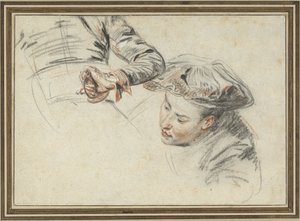 Adamın kafası bere ve kabzasında bir el ile by Jean Antoine Watteau