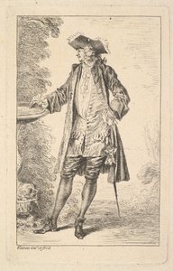Sağ eli bir leğenin üzerinde duran ayakta duran adam, dörtte üçüyle gösterilen..., ca. 1710. by Jean Antoine Watteau