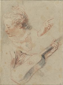 Karamsar bir kızın kafası, bir gitar ve onları çalan ellerin olduğu çalışma sayfası by Jean Antoine Watteau