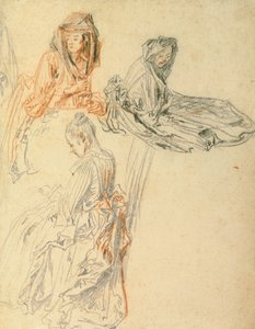 Üç Oturan Kadın Çalışmaları, c.1716-18 (kağıt üzerinde tebeşir) by Jean Antoine Watteau