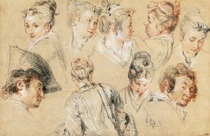 Kafaların incelenmesi, Jean-Antoine Watteau (1684-1721), çizim by Jean Antoine Watteau
