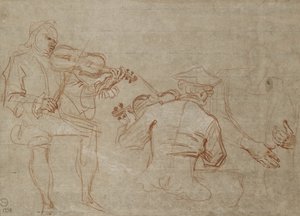 Bir Kolu tutan iki Kemancı ve bir Çift Elin incelenmesi (kağıt üzerinde kırmızı ve beyaz tebeşirler) by Jean Antoine Watteau