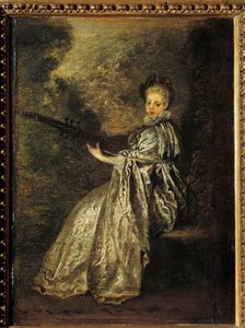 Yaylı bir müzik aleti çalan ince kız. Jean Antoine Watteau (1684-1721) 18. yüzyıl Güneşi tarafından yapılan resim. 0,25x0,19 m by Jean Antoine Watteau