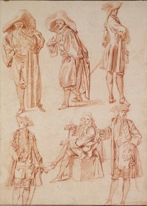 İtalyan Komedisinde Doktor Üzerine İki Çalışma ve Dört Subay, 18. Yüzyıl by Jean Antoine Watteau