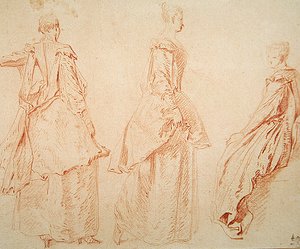 Üç Kadın, Biri Sağda Oturuyor (kağıt üzerinde kırmızı tebeşir) by Jean Antoine Watteau