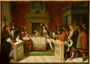 Louis XIV ve Moliere: Kral Louis XIV (1638-1715) ve Jean Baptiste Poquelin dit Moliere (1622-1673), sarayın önündeki masada. Jean Auguste Dominique Ingres'in (1780-1867) tablosu by Jean Auguste Dominique Ingres