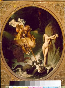 Roger delivran Angelique Angelique (Angelica), Roger (Ruggero, Ruggiero) tarafından bir hipoclaw üzerinde biniyor - Ludovic Ariosto (Arioste) tarafından “” Furious Roland”ın (Orlando furioso) X Şarkısının İllüstrasyonu - Tablo Jean Auguste Dominique Ingres by Jean Auguste Dominique Ingres
