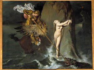 Roger delivran Angelique Angelique (Angelica), Roger (Ruggero, Ruggiero) tarafından bir hipoclaw üzerinde biniyor - Ludovic Ariosto (Arioste) tarafından “Öfkeli Roland”ın (Orlando furioso) X İlahisinin İllüstrasyonu - Tablo Jean Auguste Dominique Ingres ta by Jean Auguste Dominique Ingres