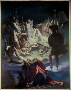 Jean Francois (Jean-Francois) Le Sueur (Lesueur) (1760-1837) tarafından “Ossian veya Bards” operasının Ossian İllüstrasyon rüyası, ozan Ossian, Napolyon tarafından okunan 3. yüzyılın İskoç bir şairiydi, o bir lir üzerinde uyuyan bir temsilci, behi by Jean Auguste Dominique Ingres