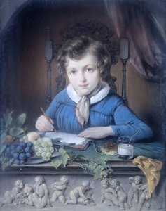 Bir pencere nişinde oturan ve mavi bir ceket giyen bir çocuğun portresi by Jean Augustin Daiwaille (attributed to)