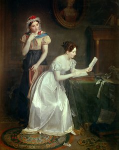 Mektubun cevabı Genç bir kadın sevgilisinin mektubunu cevaplamak için acele ediyor - Tablo Jean Augustin (Jean-Augustin) Franquelin (1798-1839) 19. yüzyıl Güneş 0,46x0,38 m by Jean Augustin Franquelin
