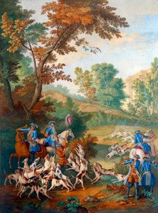 Louis XVI'nın (1754-1793) avlarını gösteren levha: “” genç köpeklerin küçük küresi veya kür sonundaki forum”” Jean Baptiste Oudry tarafından Philippe Castel (yaklaşık 1746-1797) tarafından porselen üzerine resim ( 1686-1755) 1778-1781 Güneş. 0.39x0.49m