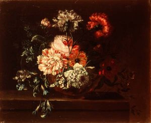 Bir çıkıntıda güller, karanfiller ve kıvrımlar by Jean Baptiste (follower of) Monnoyer