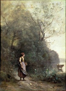 Orman Kenarında İnek Otlayan Köylü Kadın, 1865-70 dolayları by Jean Baptiste Camille Corot
