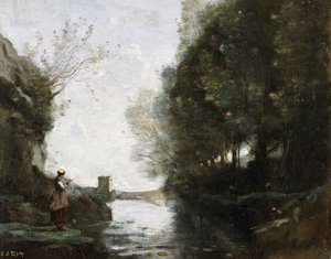 Kare Kule ve Ön Planda Çiftçi Olan Bir Nehir, c.1865-70 by Jean Baptiste Camille Corot