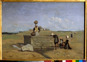 Çeşmede Bretonlar, Batz köyü Camille Corot (1796-1875) 19. yüzyıl Güneşi tarafından tablo. 0,38x0,55 m by Jean Baptiste Camille Corot