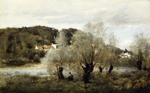 Avary Köyünde Göletin Kenarında Balıkçı; Pecheur au Bord de L"Etang a Ville d"Avray, c.1850-55 by Jean Baptiste Camille Corot