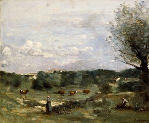İnekli Çayır, Sağda Söğüt ve Uzak Köy, by Jean Baptiste Camille Corot