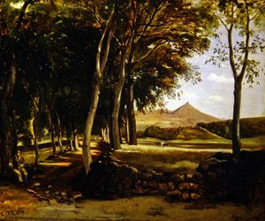 Ağaçlardan oluşan bir caddeden görülen dağ manzarası (tuval üzerine yağlı boya) by Jean Baptiste Camille Corot